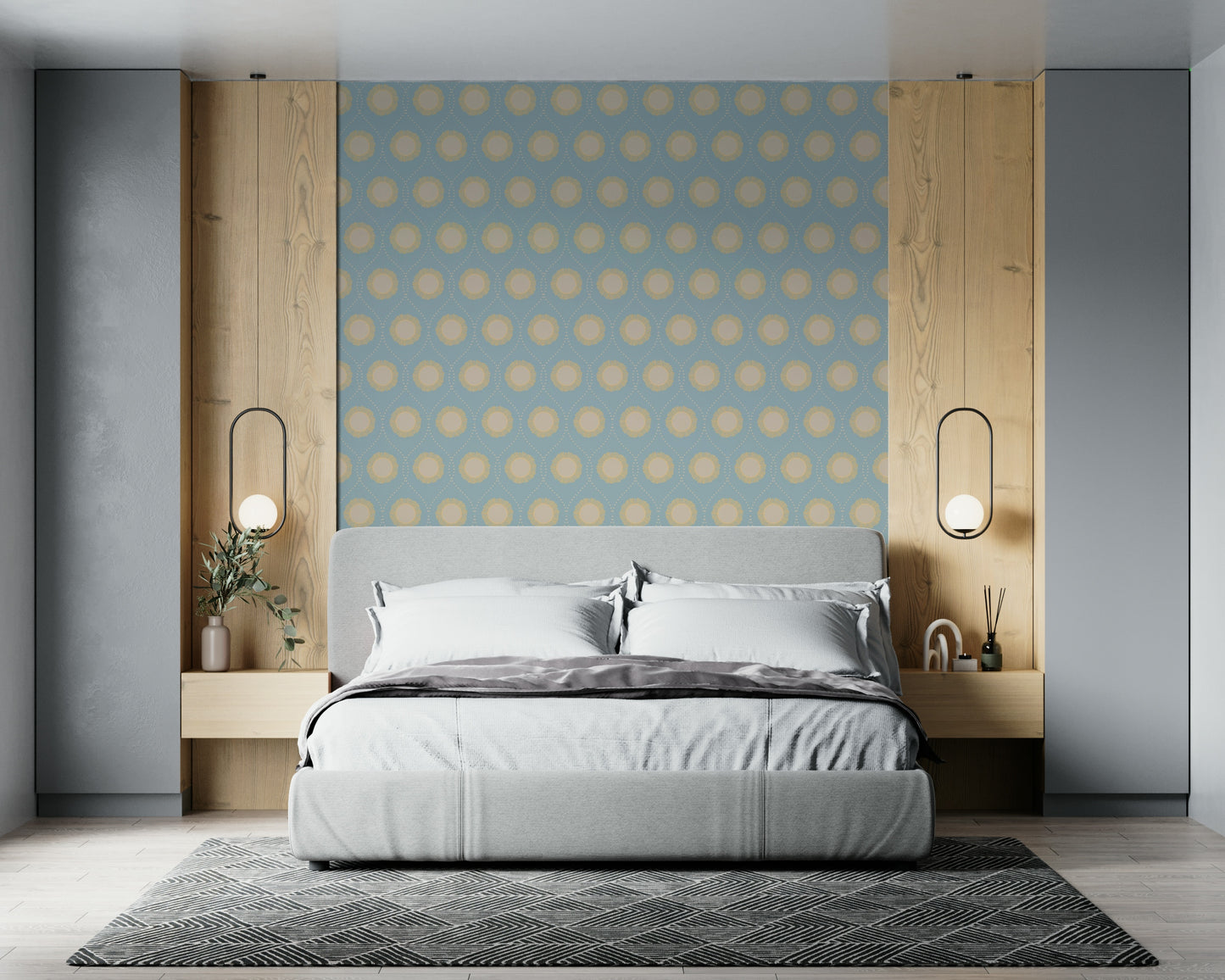 Dotted Diamonds wallpaper, pale blue and beige sunburst pattern.