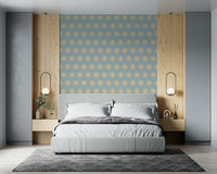 Dotted Diamonds wallpaper, pale blue and beige sunburst pattern.