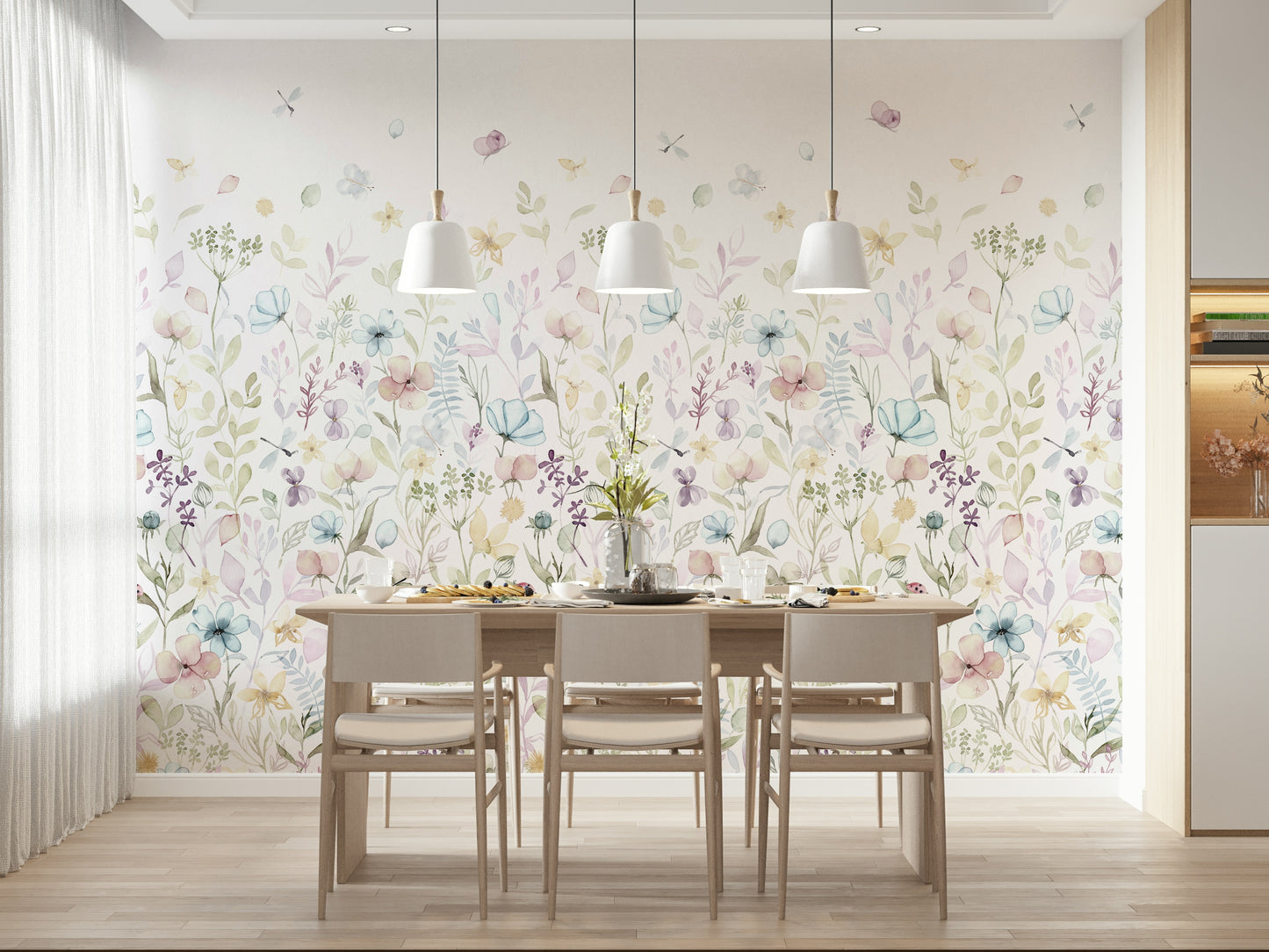 A soft botanical wallpaper decorated with dreamy watercolor flowers and scattered petals.