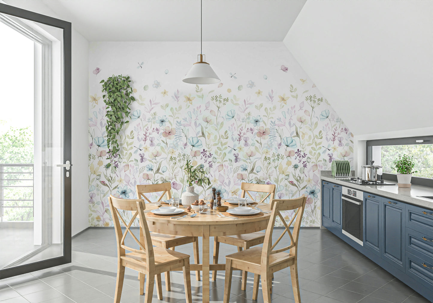 A watercolor wallpaper with delicate flowers and foliage creating a calm, whimsical scene.