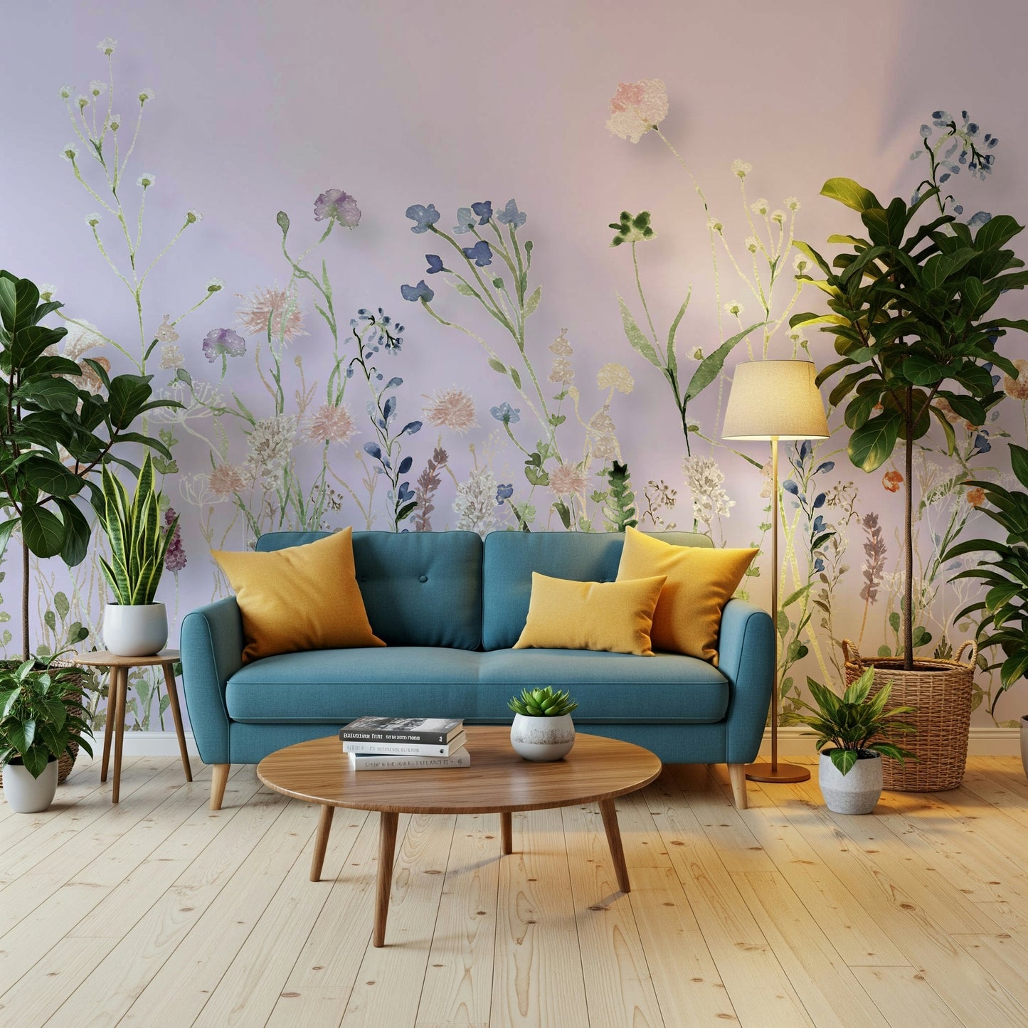 A wildflower wallpaper featuring soft watercolor blooms on a muted green background for a serene look.