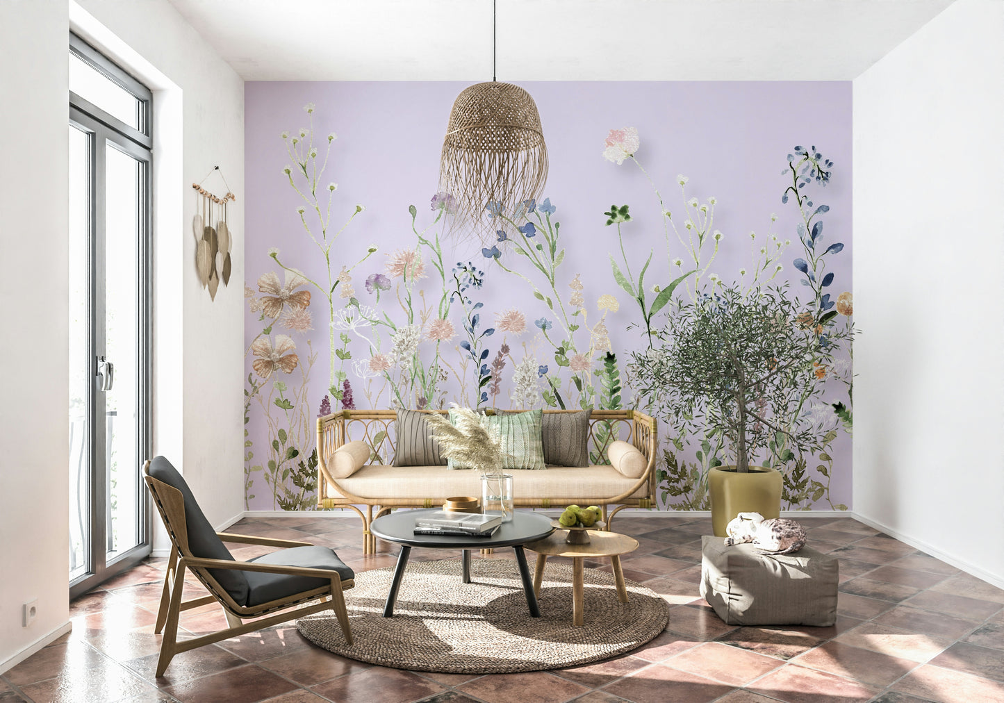 A botanical wallpaper with layered wildflower stems creating a dreamy, artistic aesthetic.