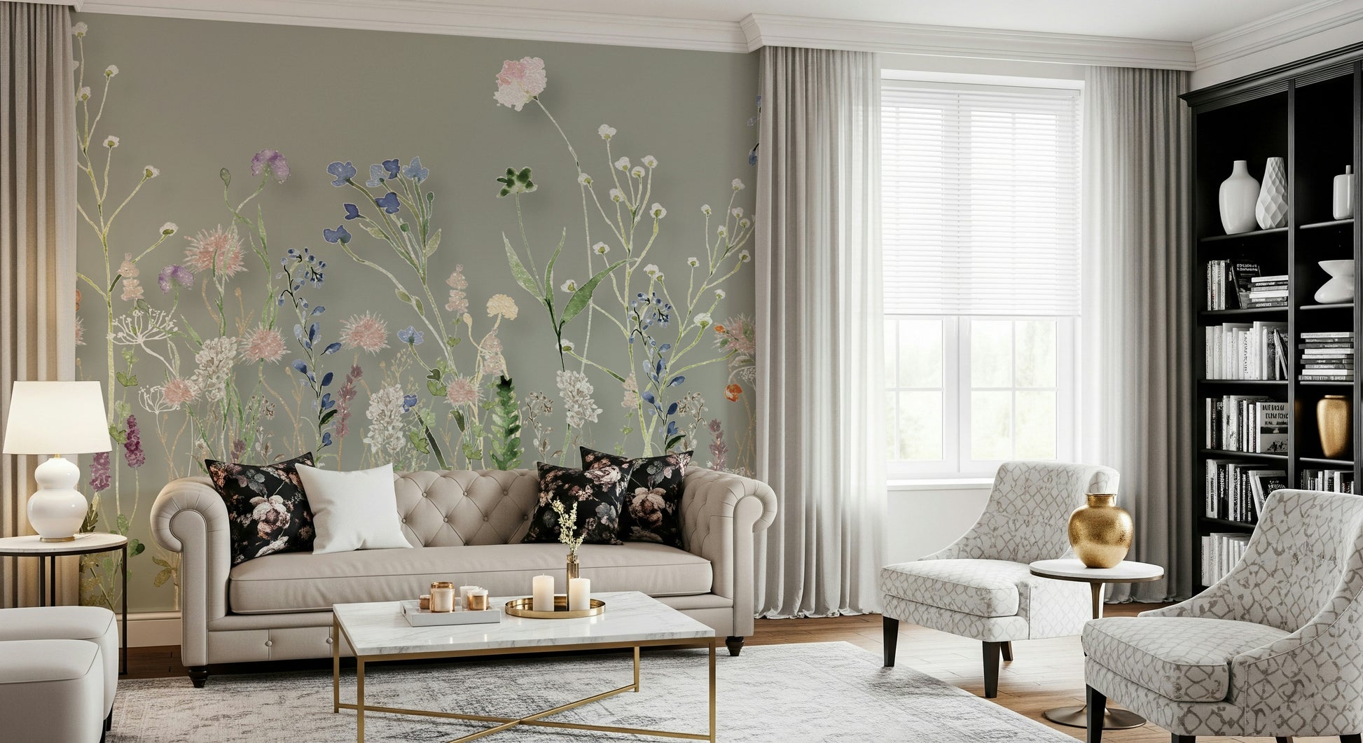 A botanical wallpaper with delicate wildflowers painted in pastel tones against a calm sage backdrop.