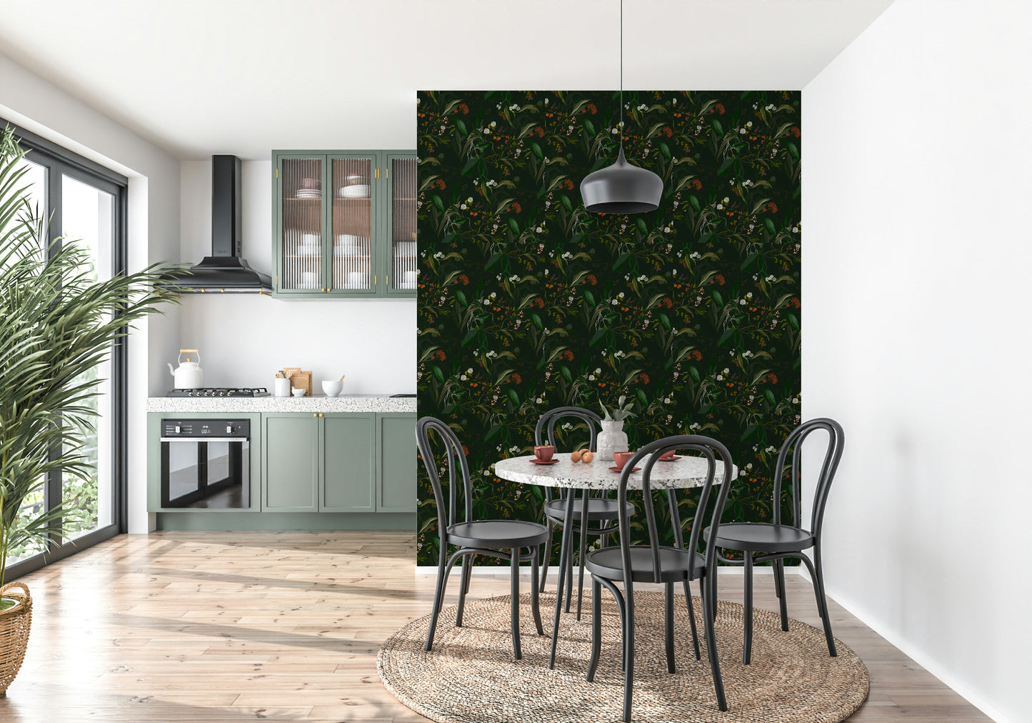 Mystical night garden wallpaper with detailed foliage in deep, elegant shades.