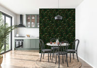 Mystical night garden wallpaper with detailed foliage in deep, elegant shades.