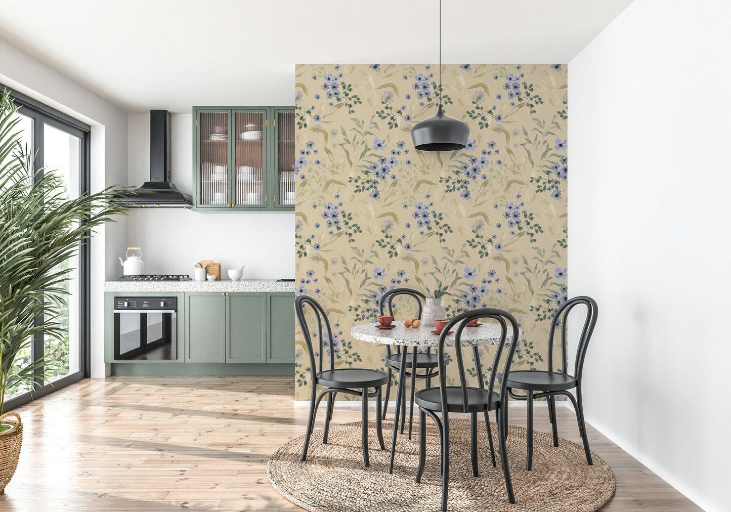 Elegant watercolor flowers forming a light, airy wall design.