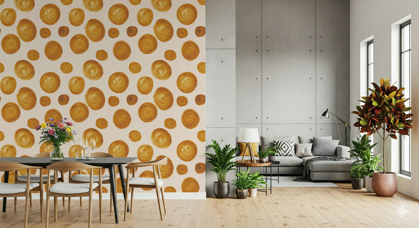 Warm amber circles wallpaper adding a golden, inviting ambiance.