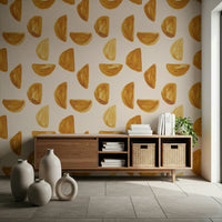 Modern abstract mural featuring layered brushstrokes in warm golden tones.