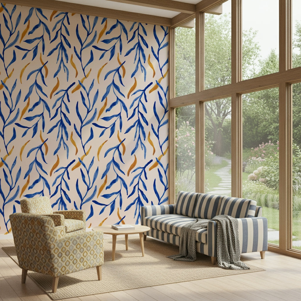 Luxurious blue and gold botanical design adding a sophisticated natural look.