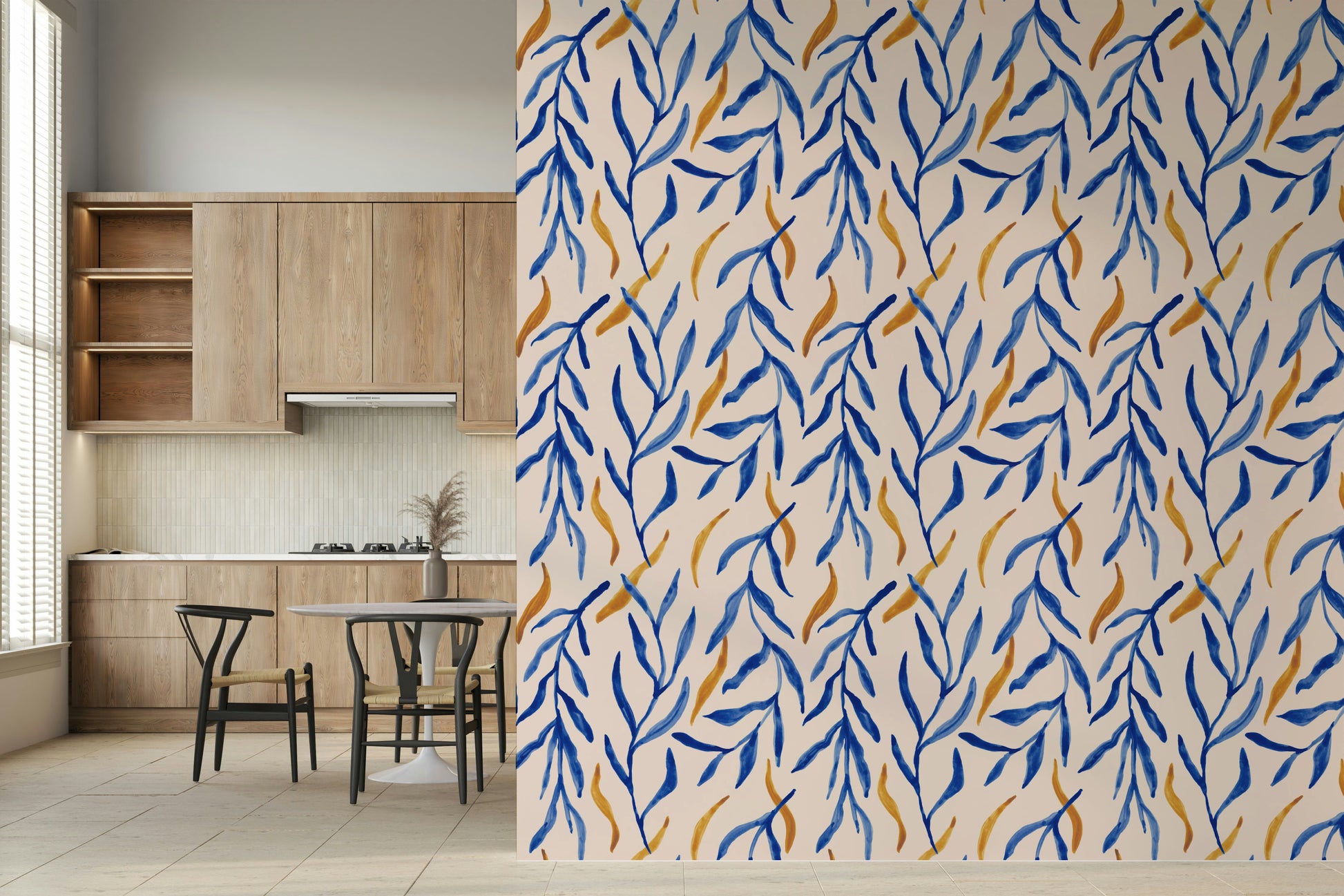 Botanical wallpaper with hand-painted blue leaves and subtle gold detailing.
