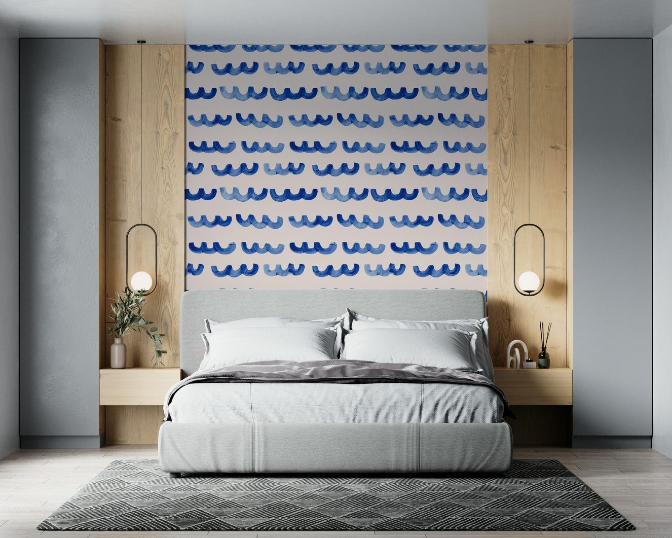Indigo watercolor waves wallpaper featuring soft, flowing brushstroke waves.