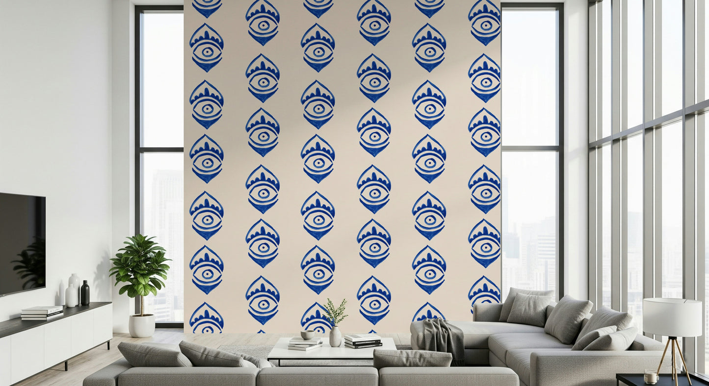 Abstract indigo eye motif wallpaper creating a striking geometric pattern.