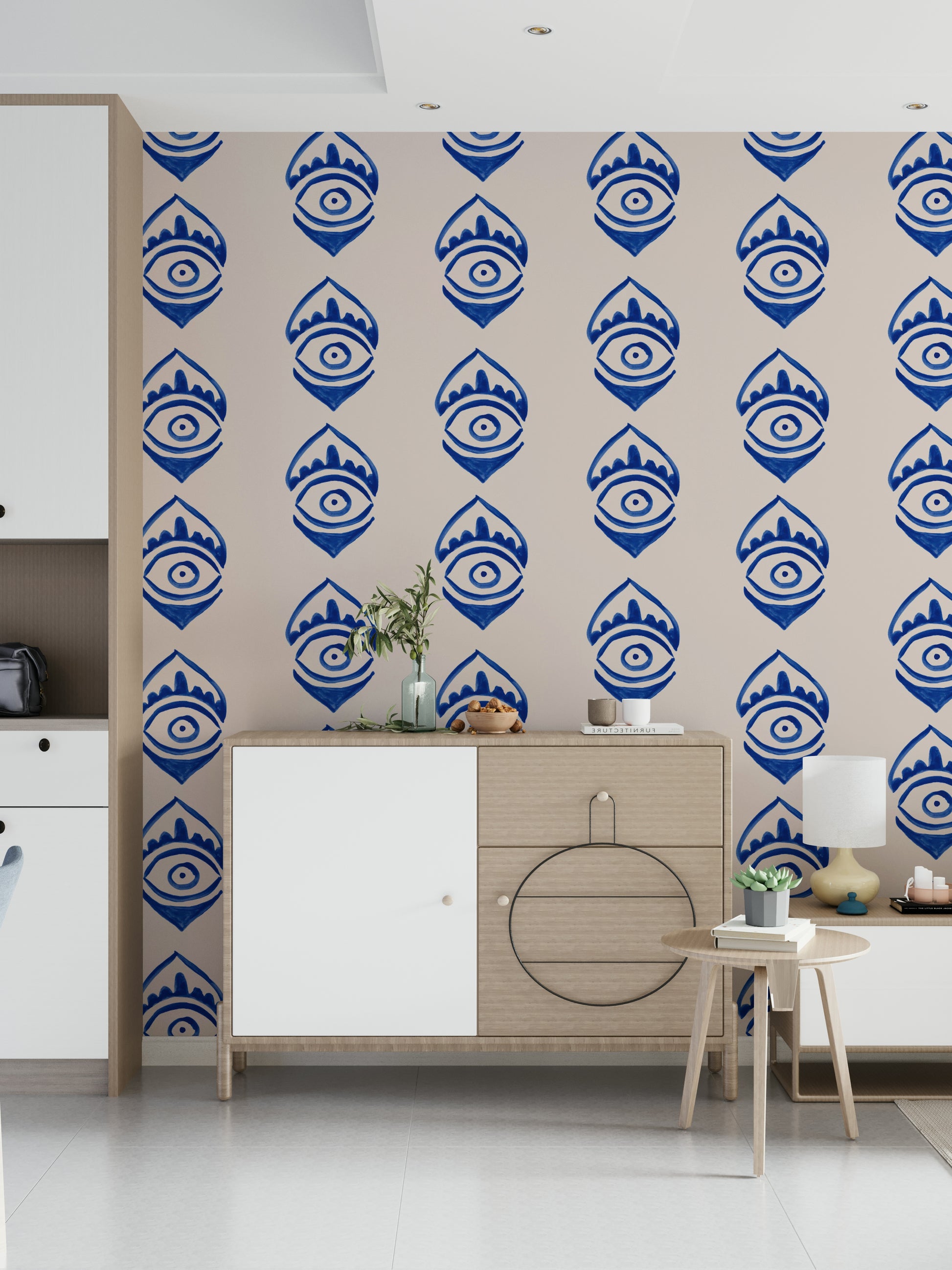Indigo eye motif mural with repeating organic shapes and modern flair.