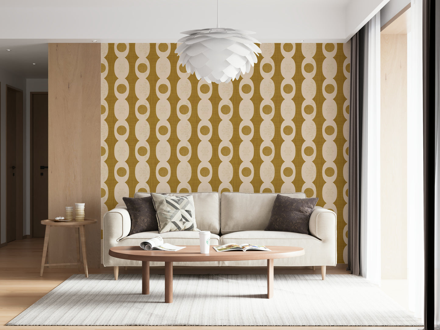Bold oval pattern wallpaper adding a dynamic retro aesthetic.