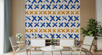 Contemporary wallpaper featuring repeated brushstroke cross motifs.