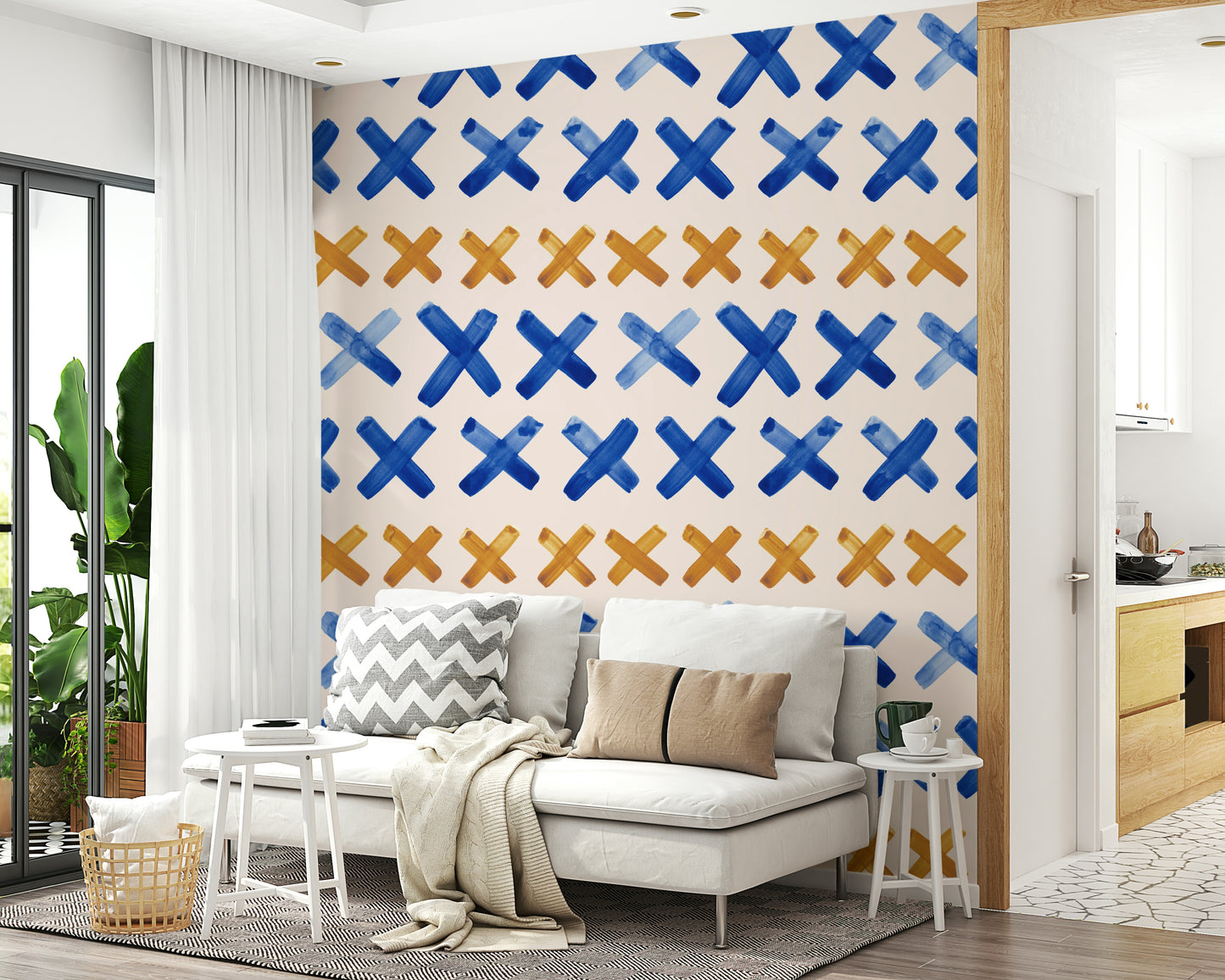 Minimal brushstroke crosses wallpaper with soft, textured paint marks.