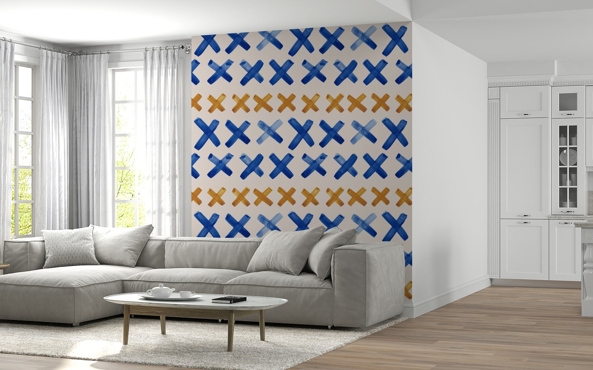 Artistic crossed brushstroke pattern creating a dynamic abstract mural.
