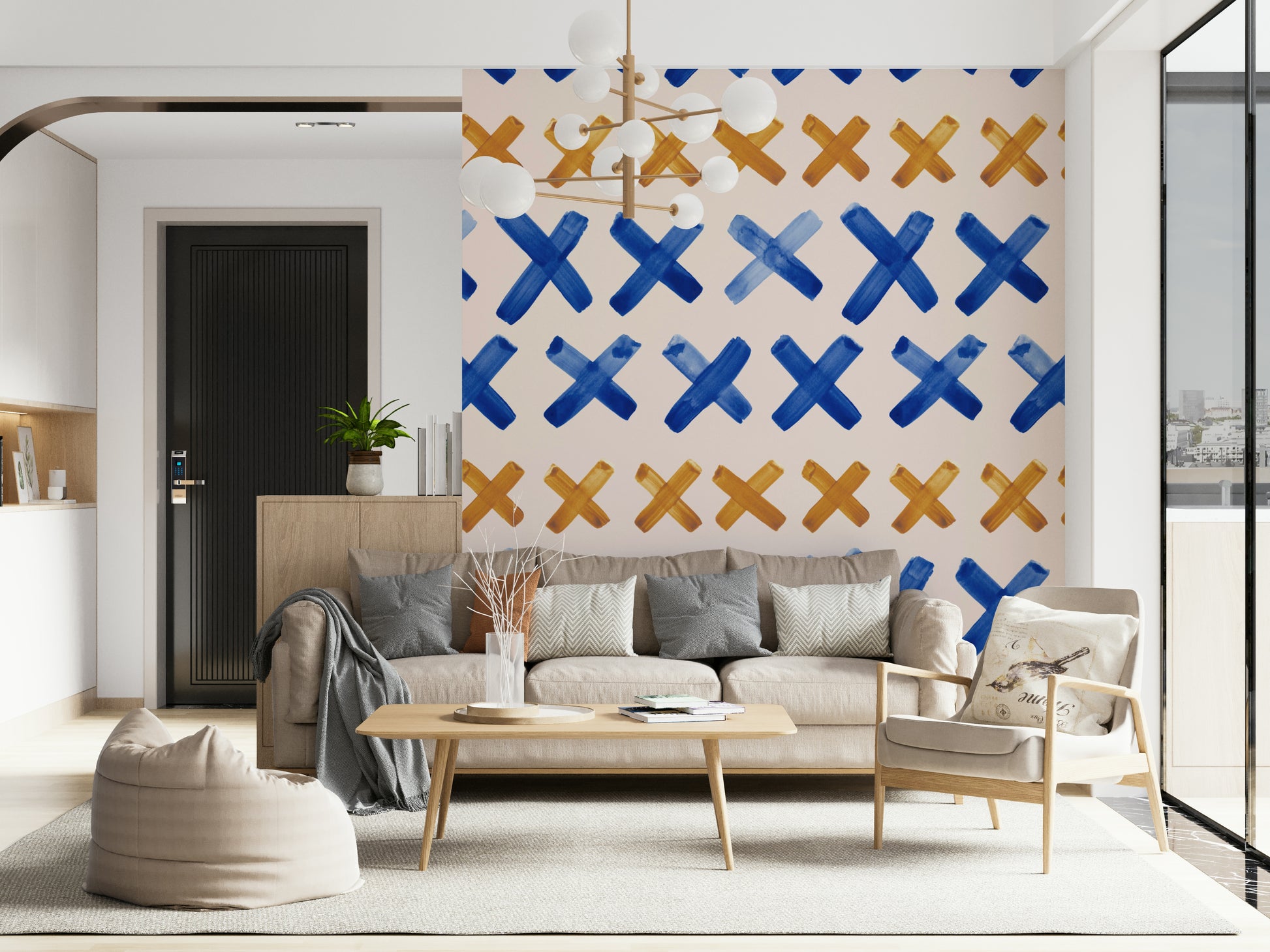 Expressive brushstroke crosses design adding movement and texture to walls.