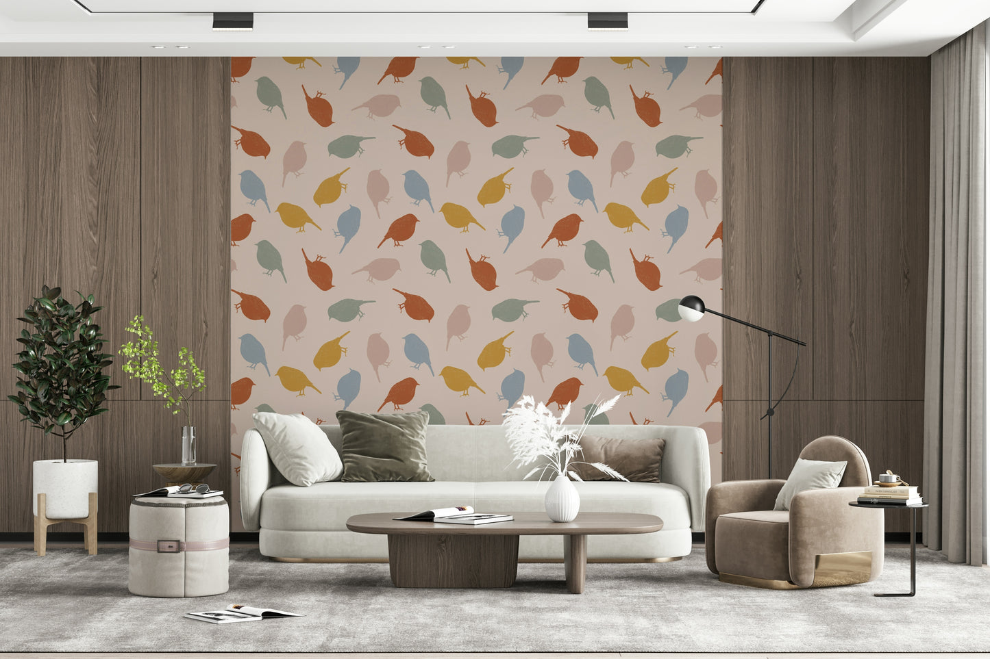 Whimsical bird pattern wall mural with soft colors and elegant details.