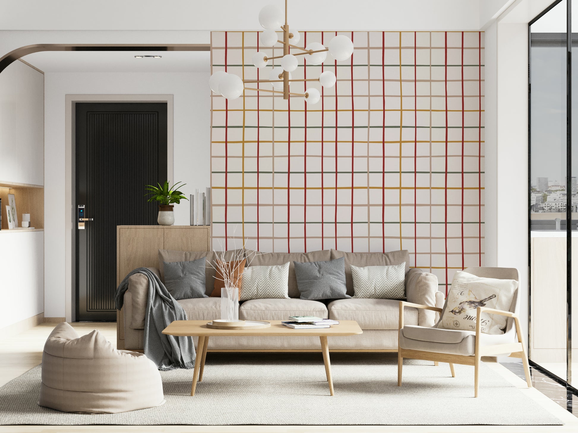 Warm checkered wallpaper with soft, cozy tones for a comforting interior look.
