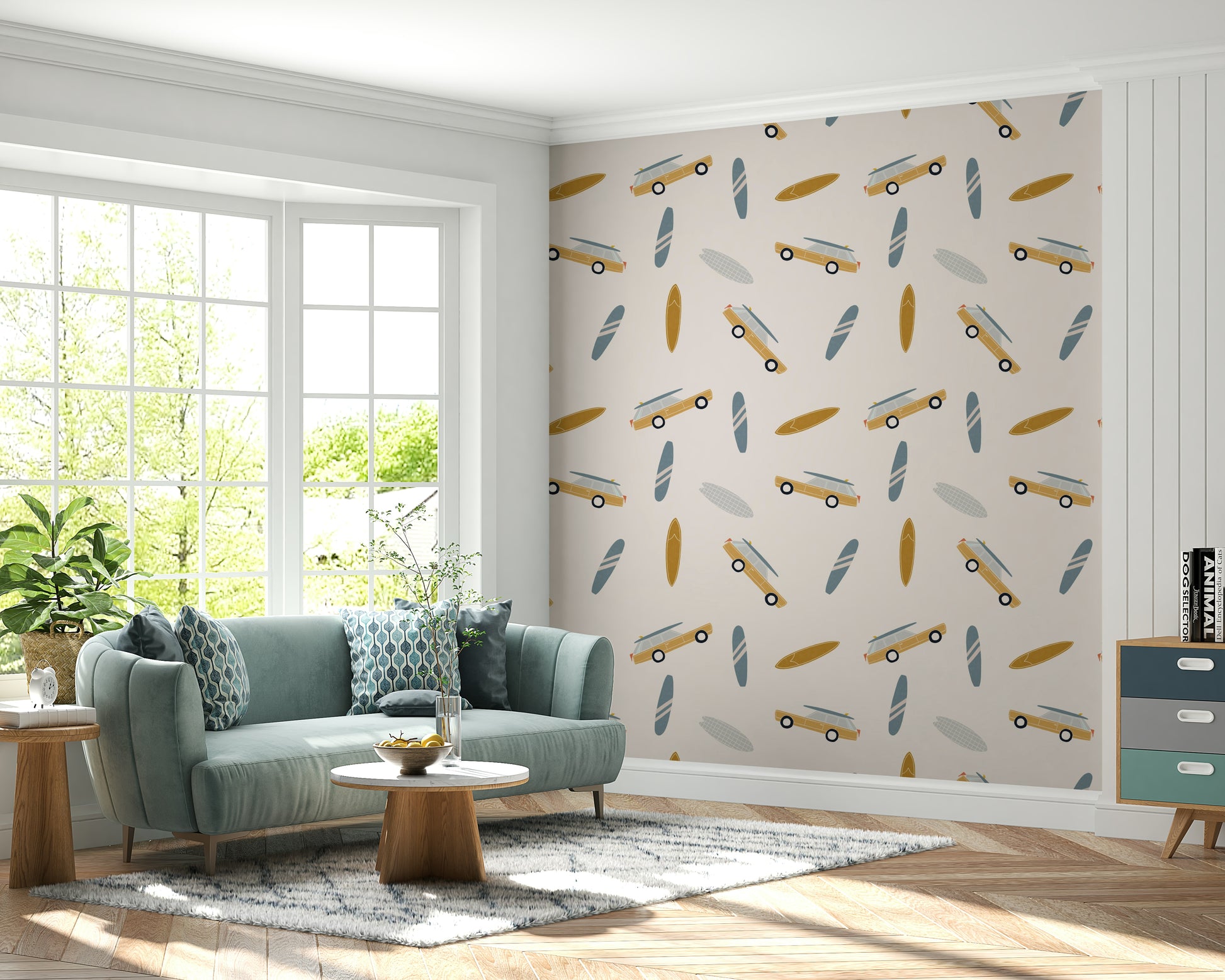 A beach-themed wallpaper with retro vans carrying surfboards in warm mustard and blue tones.