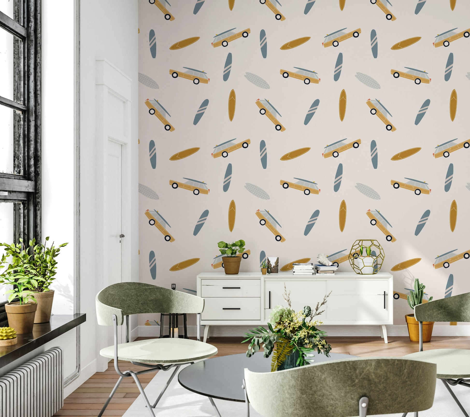 Beachy wallpaper with a scattered pattern of surfboards and nostalgic coastal road-trip cars.