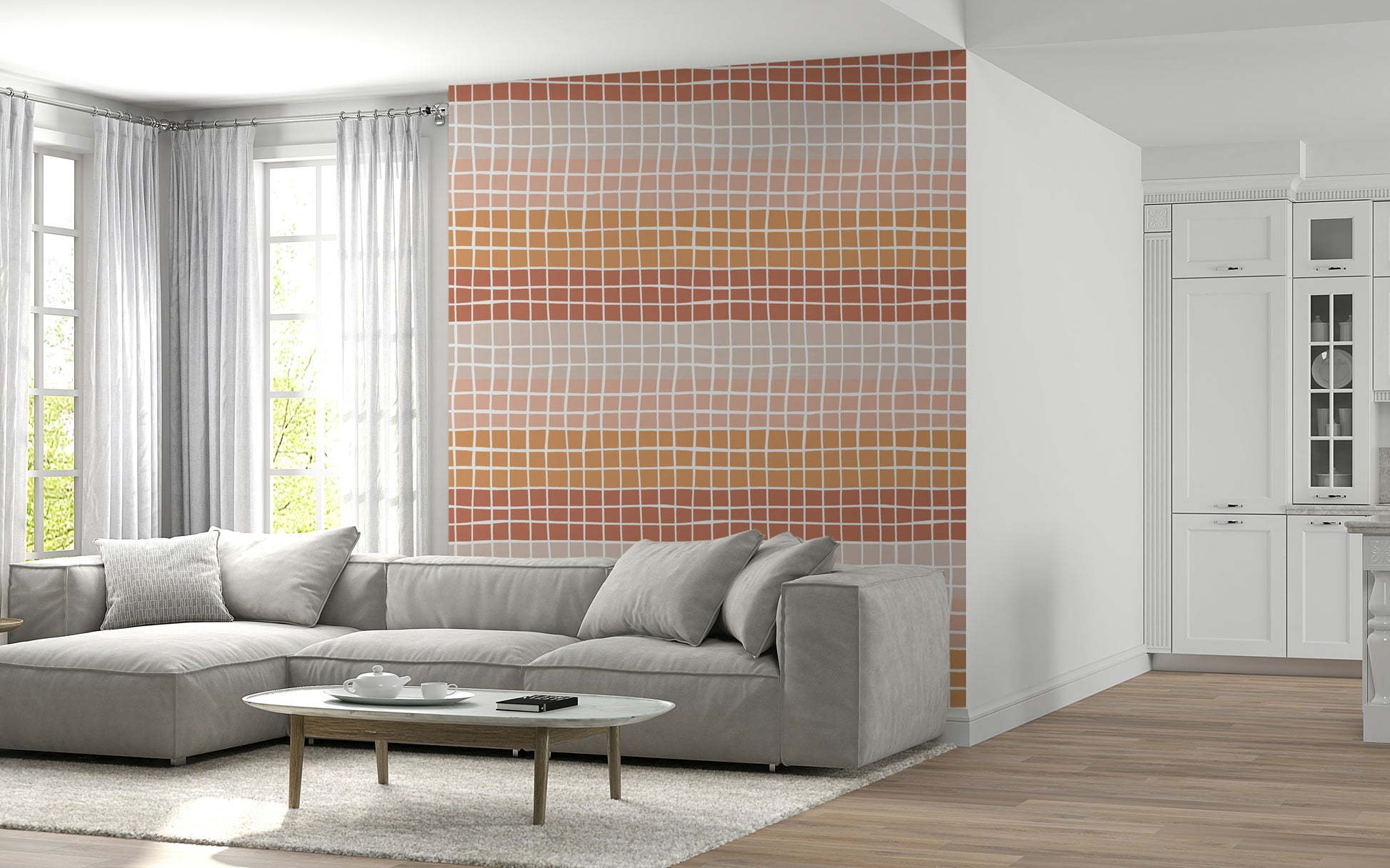 A modern earthy squares wallpaper with uneven grid lines blending warm pink, peach, and brown tones.