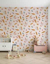 A charming wallpaper decorated with softly illustrated acorns and scattered foliage.