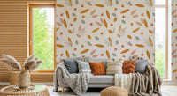A nature-themed wallpaper with hand-drawn acorns and leaves in muted fall shades.