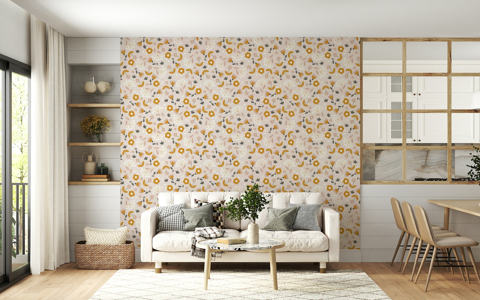 A gentle botanical wallpaper featuring scattered flowers and minimal leaf details.