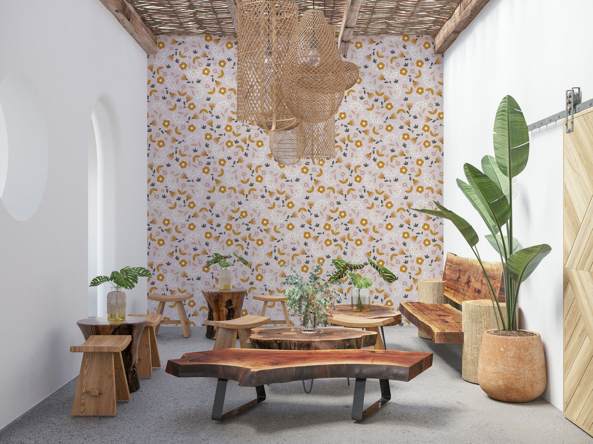 Delicate scattered flowers and leafy motifs creating a sunny, uplifting wallpaper pattern.