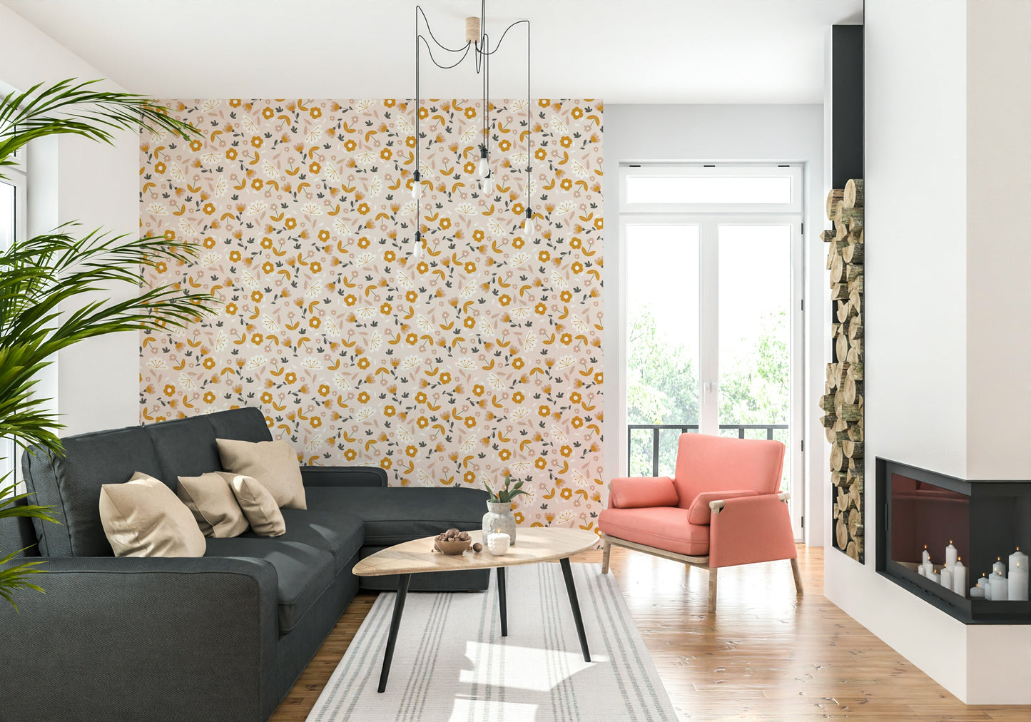 Warm mustard flowers dotting a neutral background to create a simple, joyful wallpaper pattern.