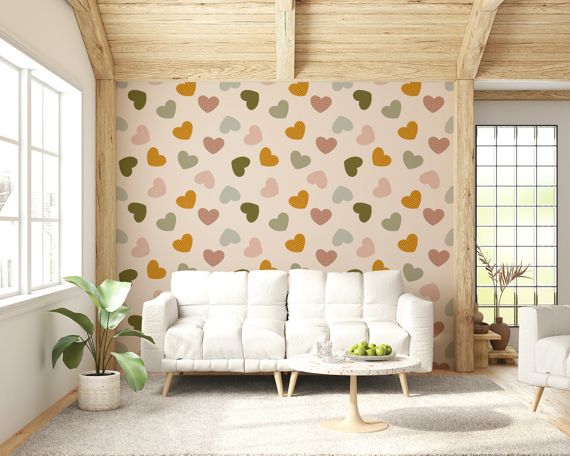 Playful multicolored hearts in a calm earthy palette decorating this Heartfelt Harmony wallpaper.