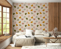 A delicate wallpaper covered in scattered small hearts with warm, soothing earthy colors.
