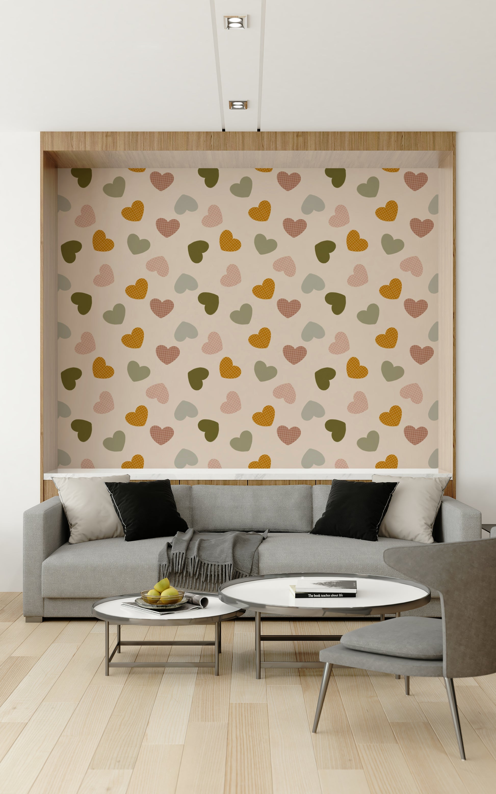 Warm-toned heart motifs dispersed across a neutral background in this heart-themed wallpaper.