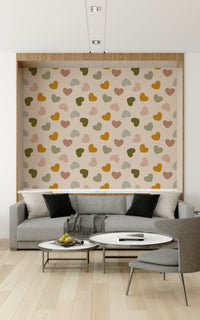 Warm-toned heart motifs dispersed across a neutral background in this heart-themed wallpaper.