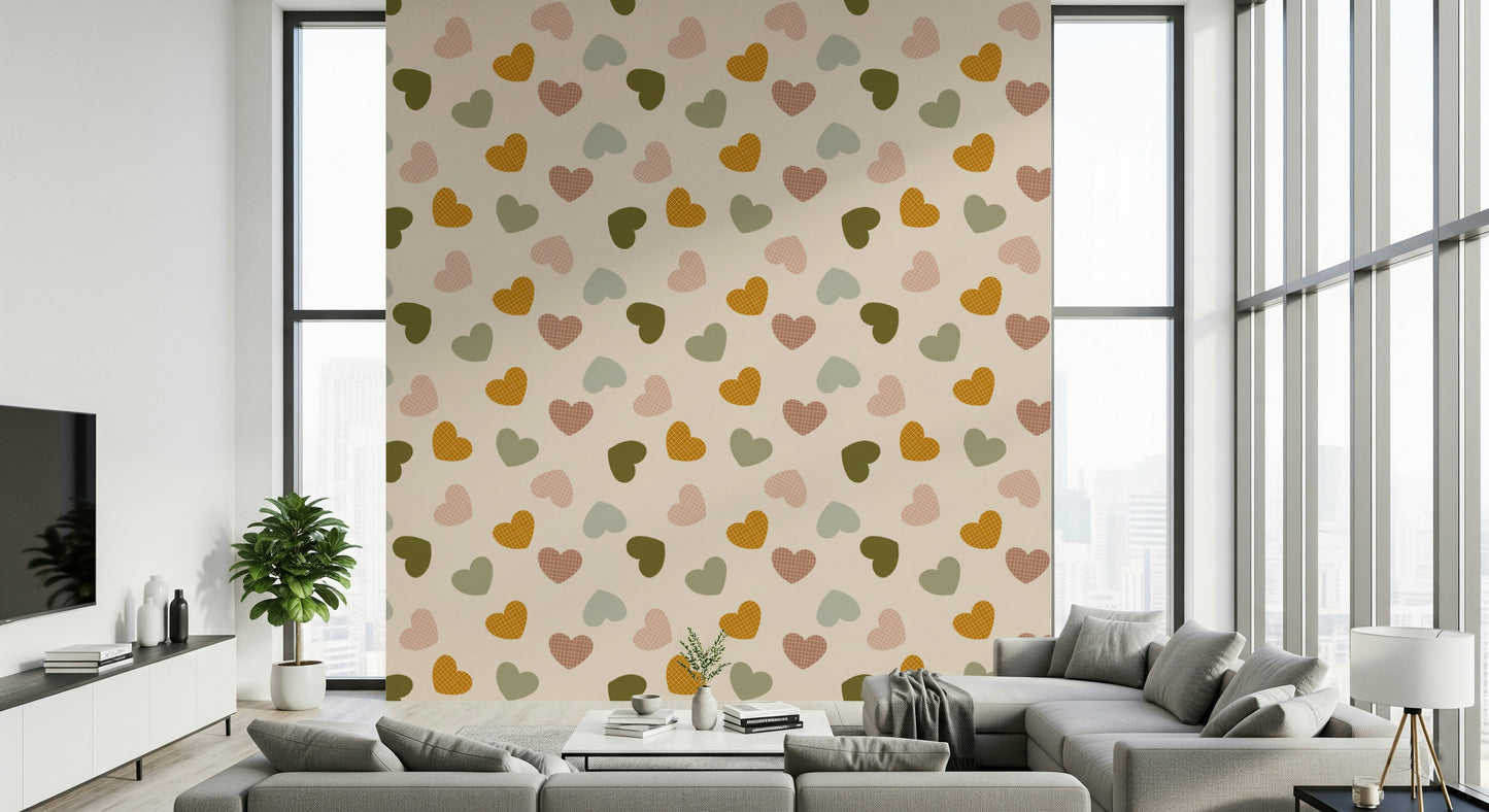 Heartfelt Harmony wallpaper showcasing a blend of patterned and plain hearts in natural tones.