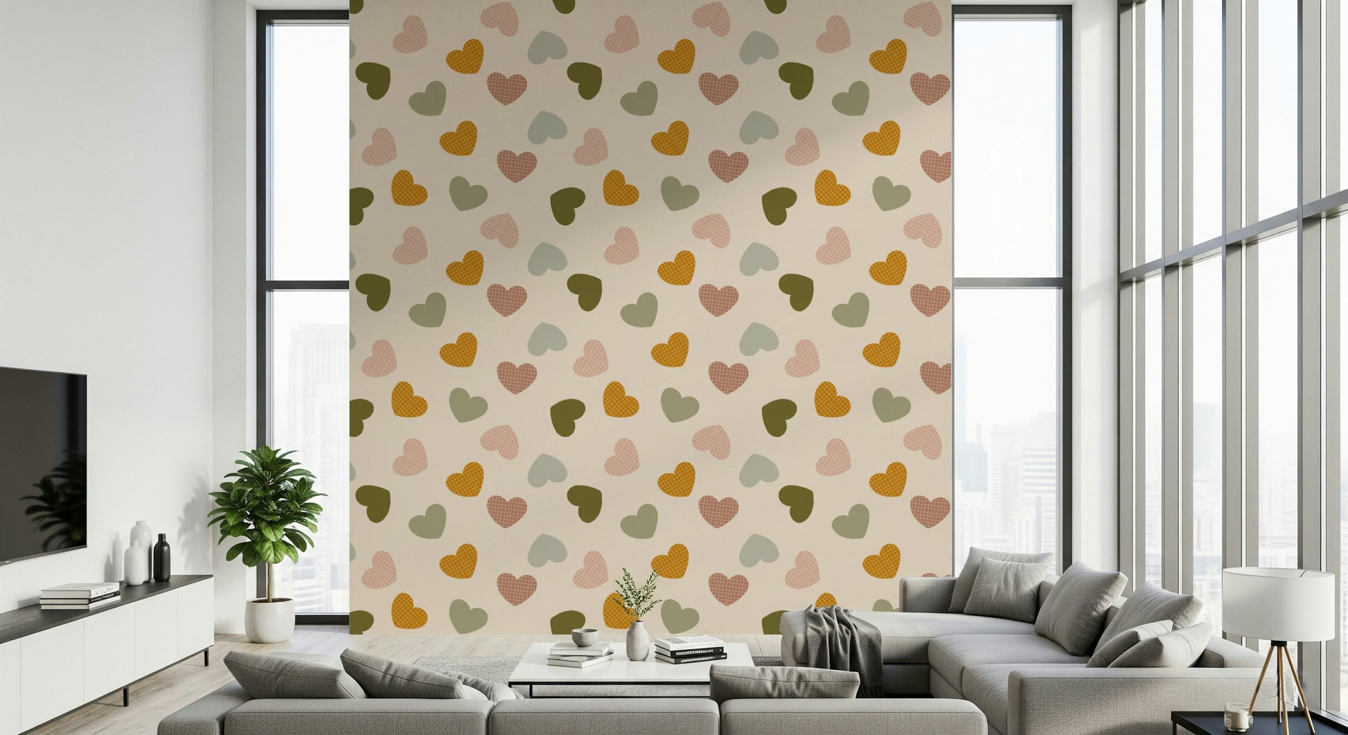 Heartfelt Harmony wallpaper showcasing a blend of patterned and plain hearts in natural tones.