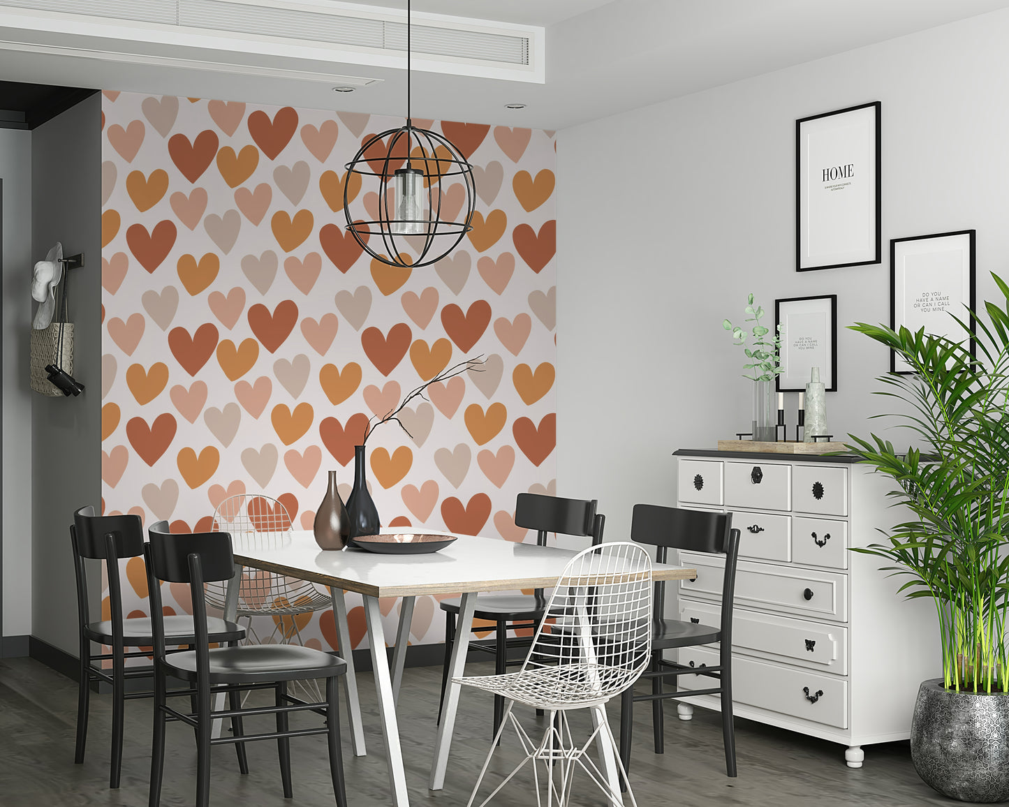 A playful wallpaper with terracotta and beige hearts arranged in a charming repeating design.