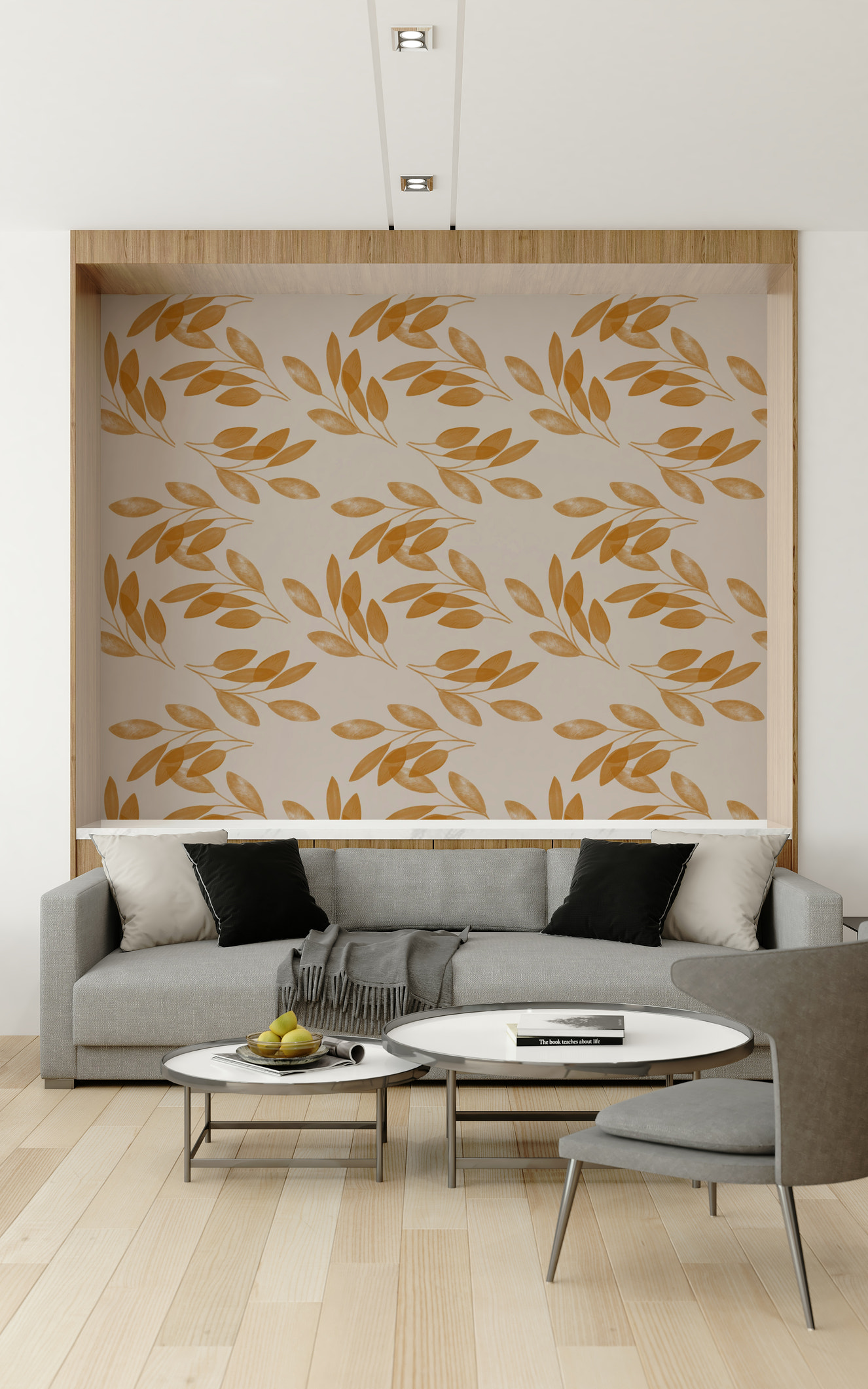 A soft botanical wallpaper featuring scattered golden leaves on a warm beige background.