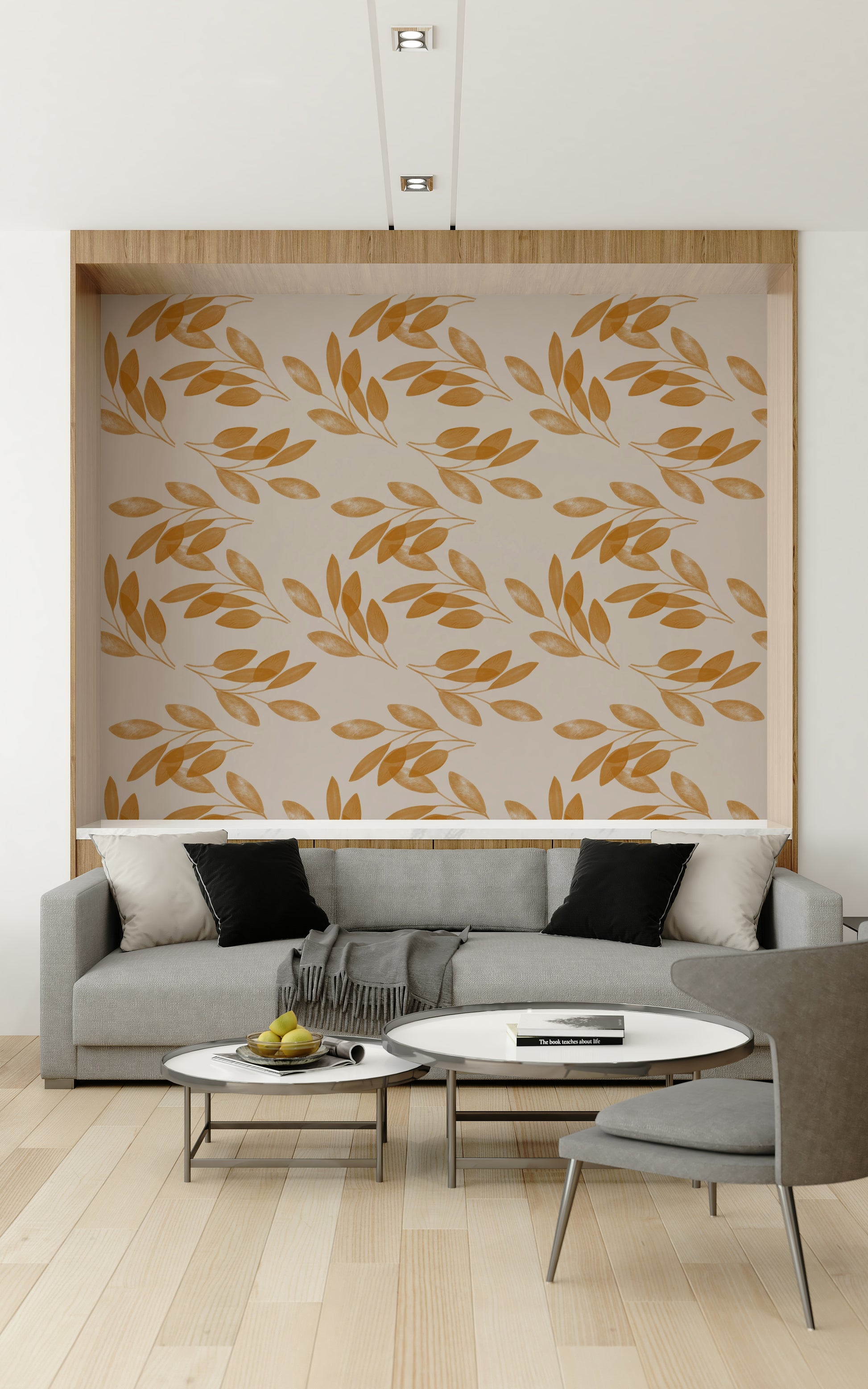 A soft botanical wallpaper featuring scattered golden leaves on a warm beige background.