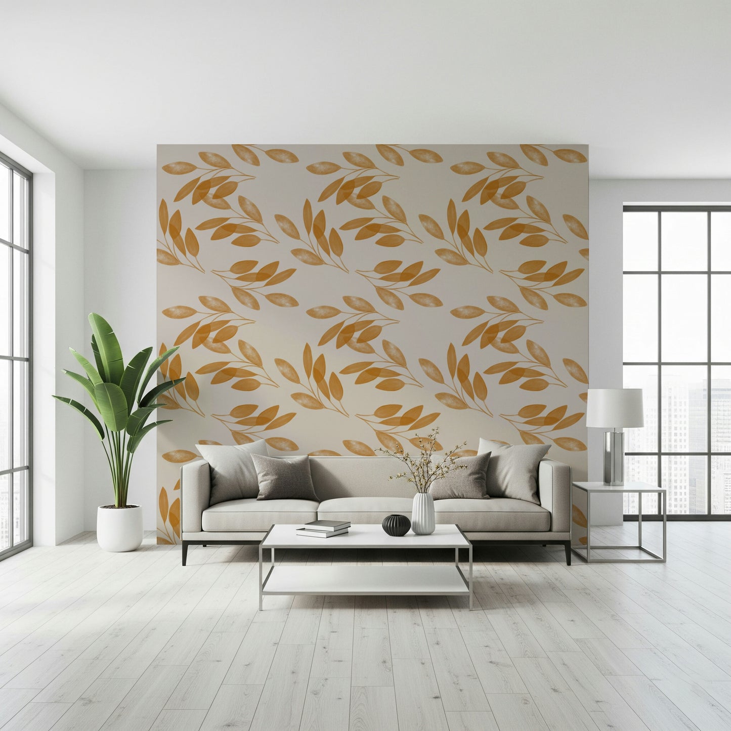 A minimalist leaf wallpaper with warm golden tones forming a subtle organic pattern.