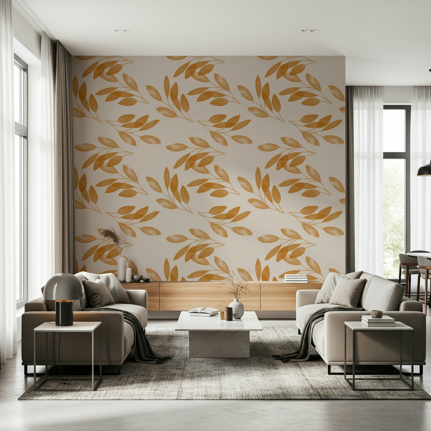 Nature-inspired wallpaper displaying graceful golden leaves arranged in a repeating motif.