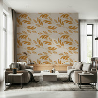 Nature-inspired wallpaper displaying graceful golden leaves arranged in a repeating motif.