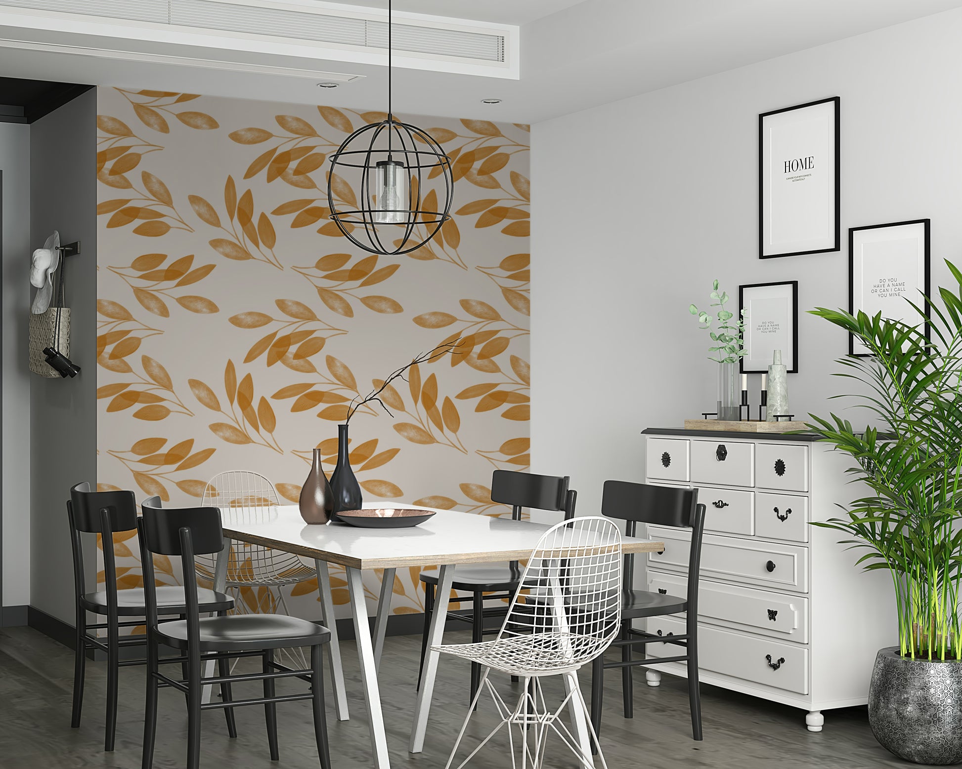 Golden leaves drifting in a calm, airy layout, creating a serene botanical wallpaper design.