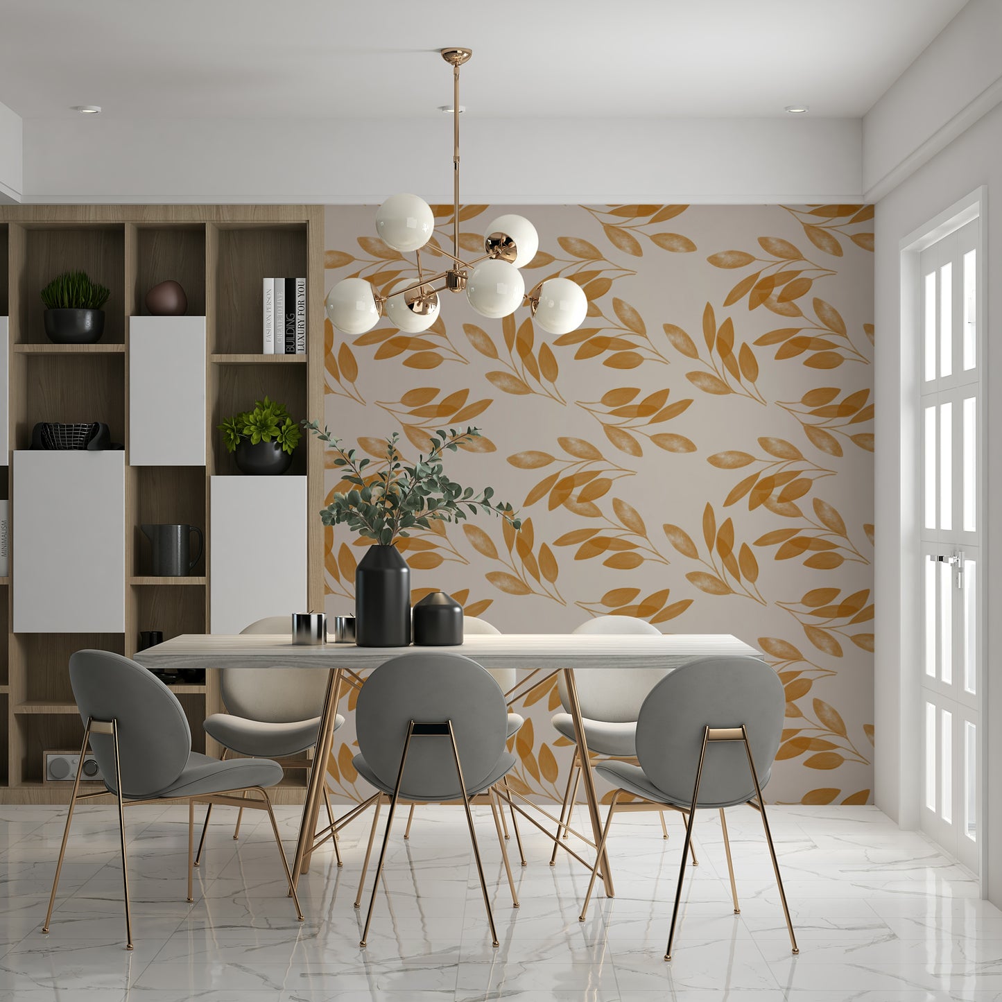 Elegant golden leaf motifs arranged in a gentle flowing pattern across this nature-inspired wallpaper.