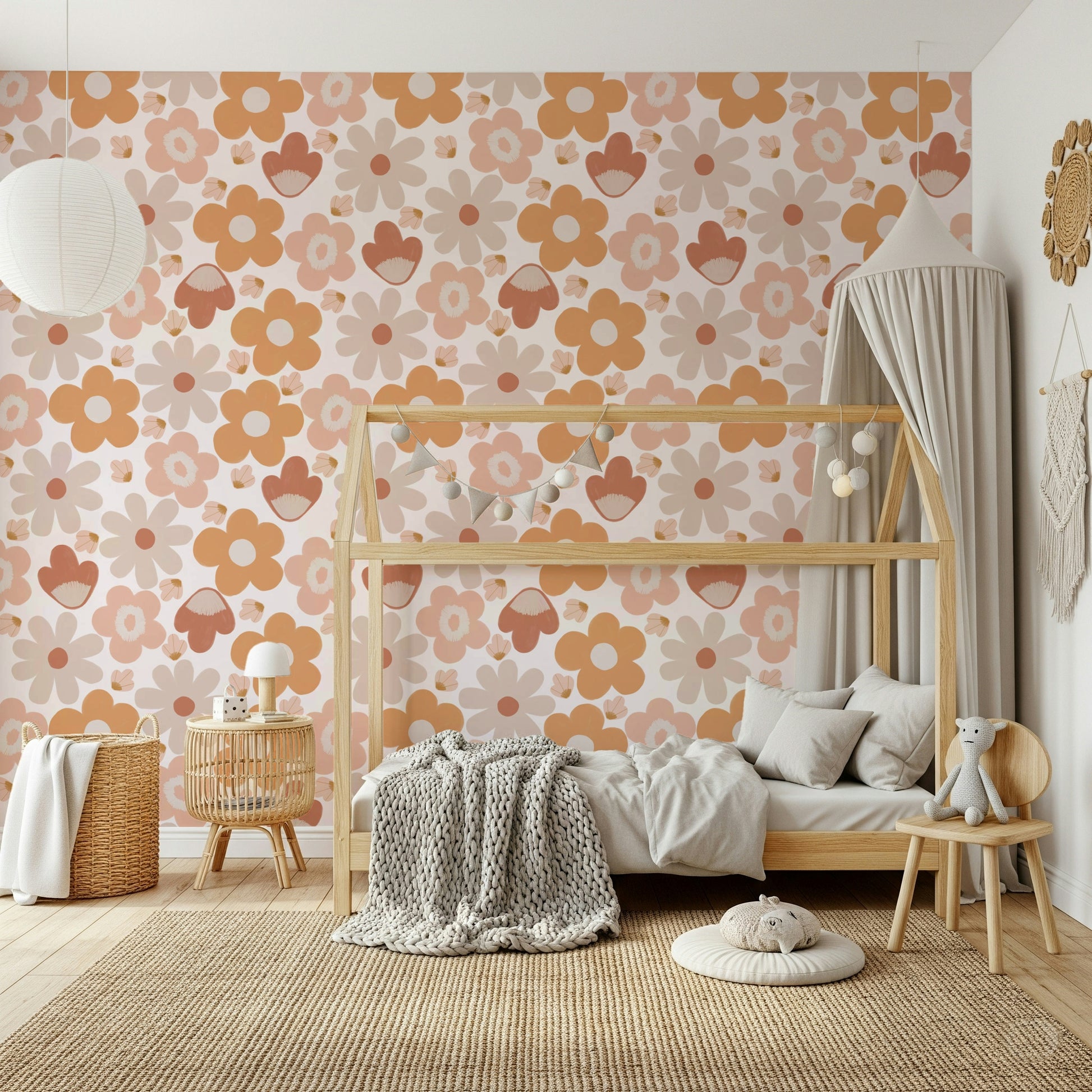 A boho floral wallpaper featuring warm earthy flowers in soft peach, terracotta, and beige tones.