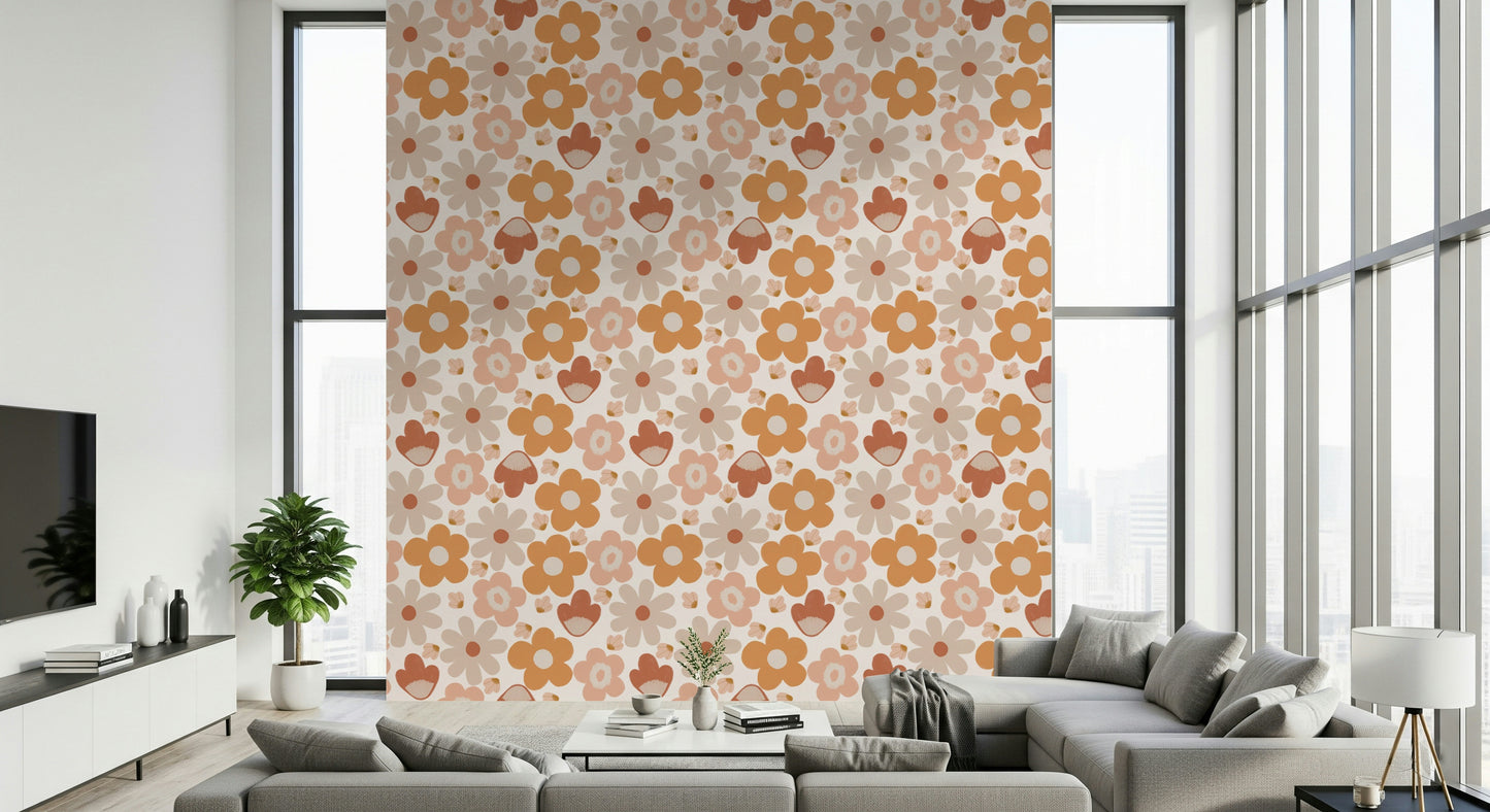 A soft retro floral wallpaper with earthy blossoms creating a nostalgic bohemian feel.