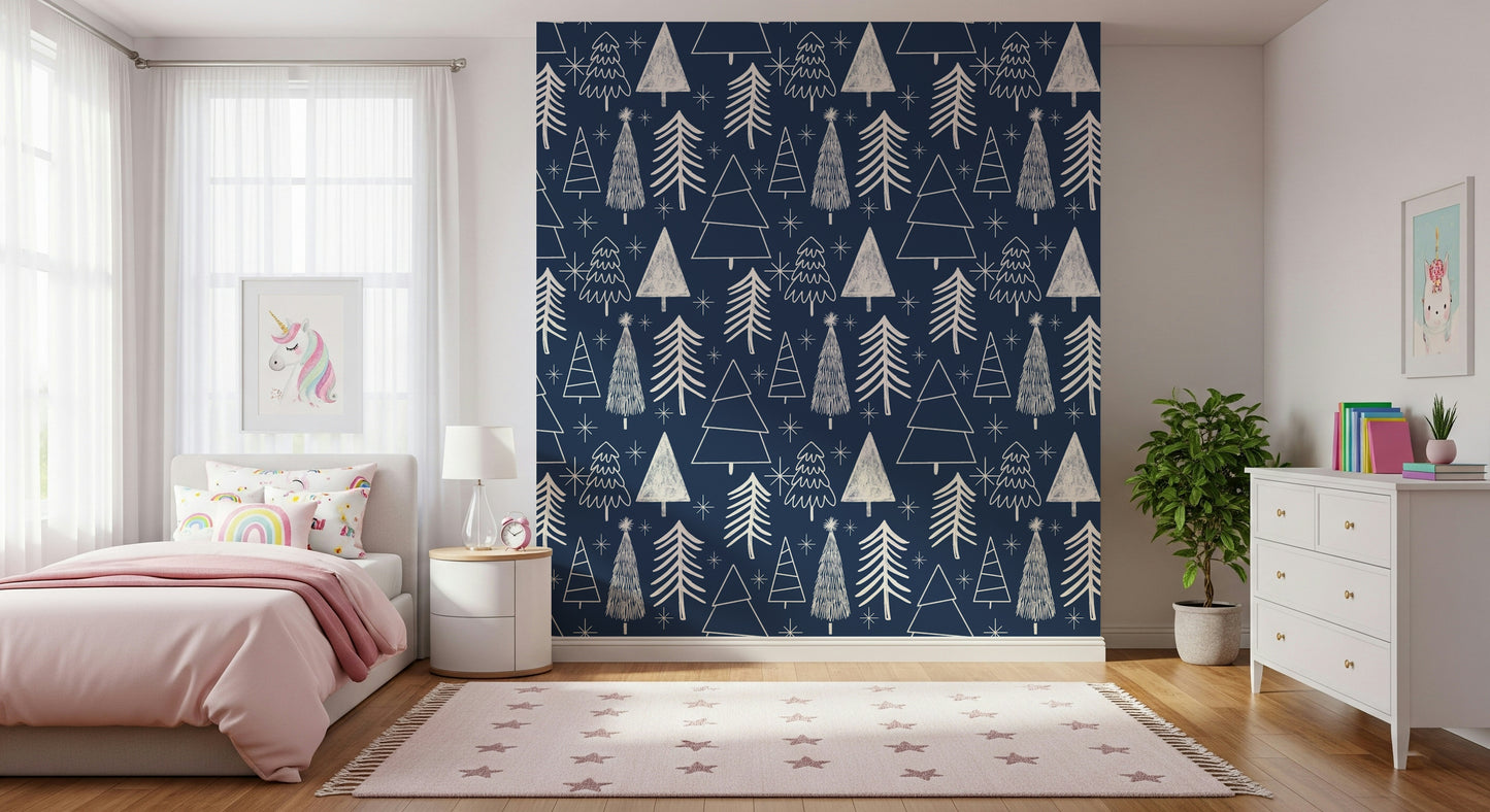 A navy holiday wallpaper featuring whimsical tree doodles and tiny star details.