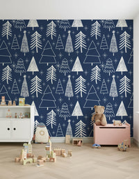 Navy blue wallpaper decorated with outlined winter trees and sparkling star shapes.